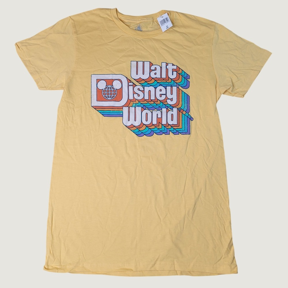 Walt Disney World Retro Rainbow Graphic Tee Yellow Short Sleeve Shirt Small NWT